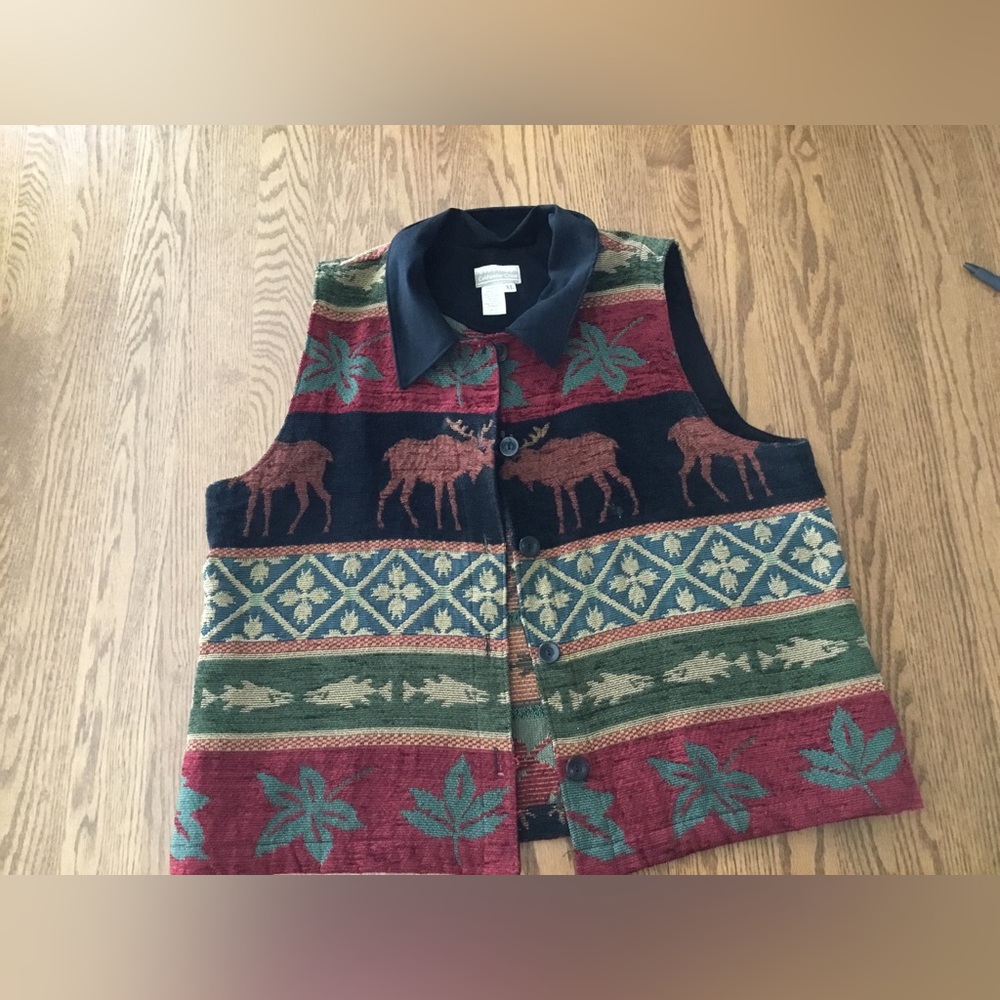 Vintage Tapestry Moose Fish Outdoor Motifs Vest, Coldwater Creek, Made in USA XL